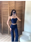 Çizgili Straplez Takım Lacivert
