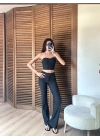 Çizgili Straplez Takım Siyah