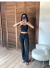 Çizgili Straplez Takım Siyah