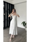 Clara Beyaz Balon Kol Düğmeli Elbise