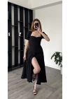 Clara Siyah Balon Kol Düğmeli Elbise