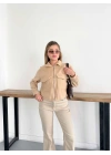 Crop Cepli Fermuarlı Ceket Camel