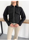 Crop Cepli Fermuarlı Ceket Siyah