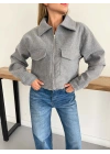 Crop Kaşe Ceket Gri