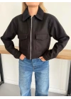 Crop Kaşe Ceket Siyah