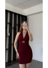 Dalia Bordo Boyundan Bağlamalı Broşlu Elbise