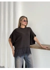 Dantel Detaylı Triko Bluz Kahve
