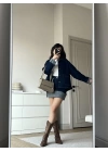 Denim Katlama Detay Ceket ve Etek 2’li Takım