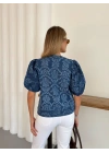 Desenlı Balon Kol Denim Bluz Mavi