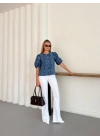 Desenlı Balon Kol Denim Bluz Mavi