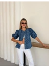 Desenlı Balon Kol Denim Bluz Mavi