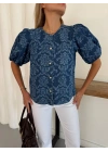 Desenlı Balon Kol Denim Bluz Mavi