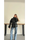 Dik Yaka Kuşaklı Viral Deri Ceket Siyah