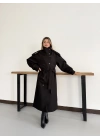 Dik Yaka Long Kaşe Kaban Siyah