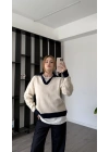 Ekru Layla Polo Yakalı Triko Kazak