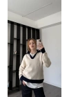 Ekru Layla Polo Yakalı Triko Kazak