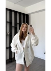 Ekru Sane Kapüşonlu Oversize Hırka