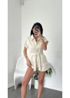 Ely Krem Gabardin Kuşaklı Tulum