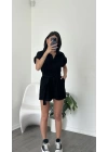 Ely Siyah Gabardin Kuşaklı Tulum