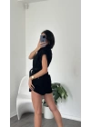 Ely Siyah Gabardin Kuşaklı Tulum