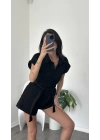 Ely Siyah Gabardin Kuşaklı Tulum