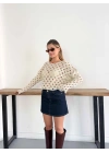 File Dokulu Bisiklet Yaka Kısa Crop Krem