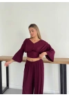 Fular Detaylı Omuz Vatkalı Takım Bordo