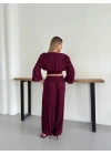 Fular Detaylı Omuz Vatkalı Takım Bordo