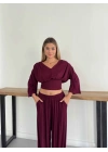 Fular Detaylı Omuz Vatkalı Takım Bordo