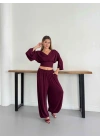 Fular Detaylı Omuz Vatkalı Takım Bordo