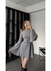 Gri Jiex Bağcık Sırtlı Volan Elbise