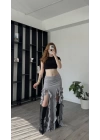 Gri Pinna Fırfır Yırtmaçlı Etek