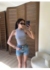 Halter Yaka Fitilli Crop Gri