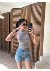 Halter Yaka Fitilli Crop Gri