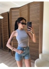 Halter Yaka Fitilli Crop Gri