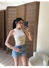 Halter Yaka Fitilli Crop Krem