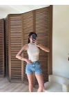 Halter Yaka Fitilli Crop Krem