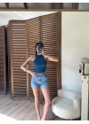 Halter Yaka Fitilli Crop Petrol Mavisi