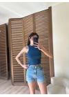 Halter Yaka Fitilli Crop Petrol Mavisi