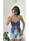İndigo Elia Kelebek Straplez Bluz