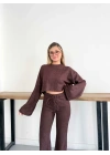 İspanyol Kol Crop- Bluz-Pantolon Takım Kahve