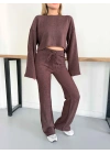 İspanyol Kol Crop- Bluz-Pantolon Takım Kahve