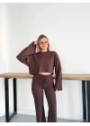 İspanyol Kol Crop- Bluz-Pantolon Takım Kahve