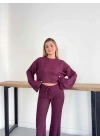 İspanyol Kol Crop- Bluz-Pantolon Takım Mürdüm