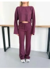 İspanyol Kol Crop- Bluz-Pantolon Takım Mürdüm