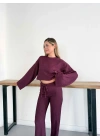 İspanyol Kol Crop- Bluz-Pantolon Takım Mürdüm