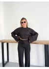 İspanyol Kol Crop- Bluz-Pantolon Takım Siyah