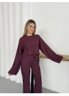 İspanyol Kol Fitilli Bluz-Pantolon Takım Mürdüm