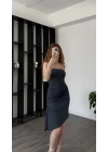 Jade Antrasit Büzgülü Yandan Yırtmaçlı Straplez Elbise