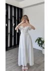Jenny Beyaz Bağcık Yakalı A Kesim Elbise